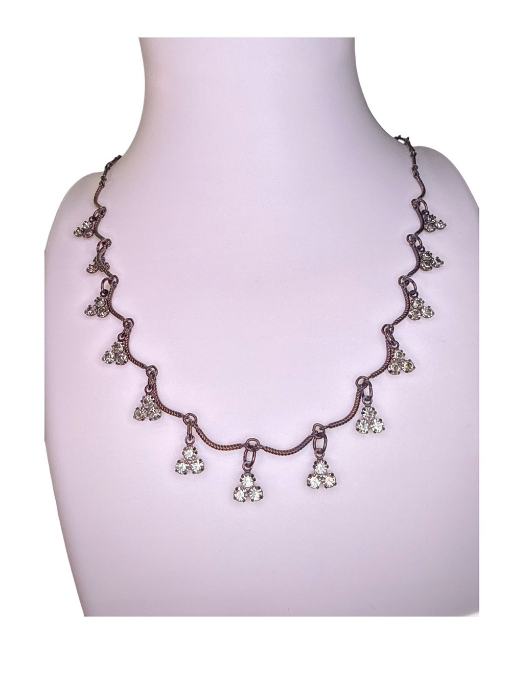 Vintage Austrian USA Crystal Black Tone Scalloped Bib Fringe Choker Necklace